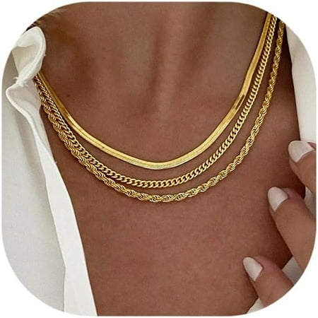 Gold Layered Necklaces for Women 14K Gold Plated Dainty Gold Chain Choker Necklace Stack Herringbone Gold Necklaces Set