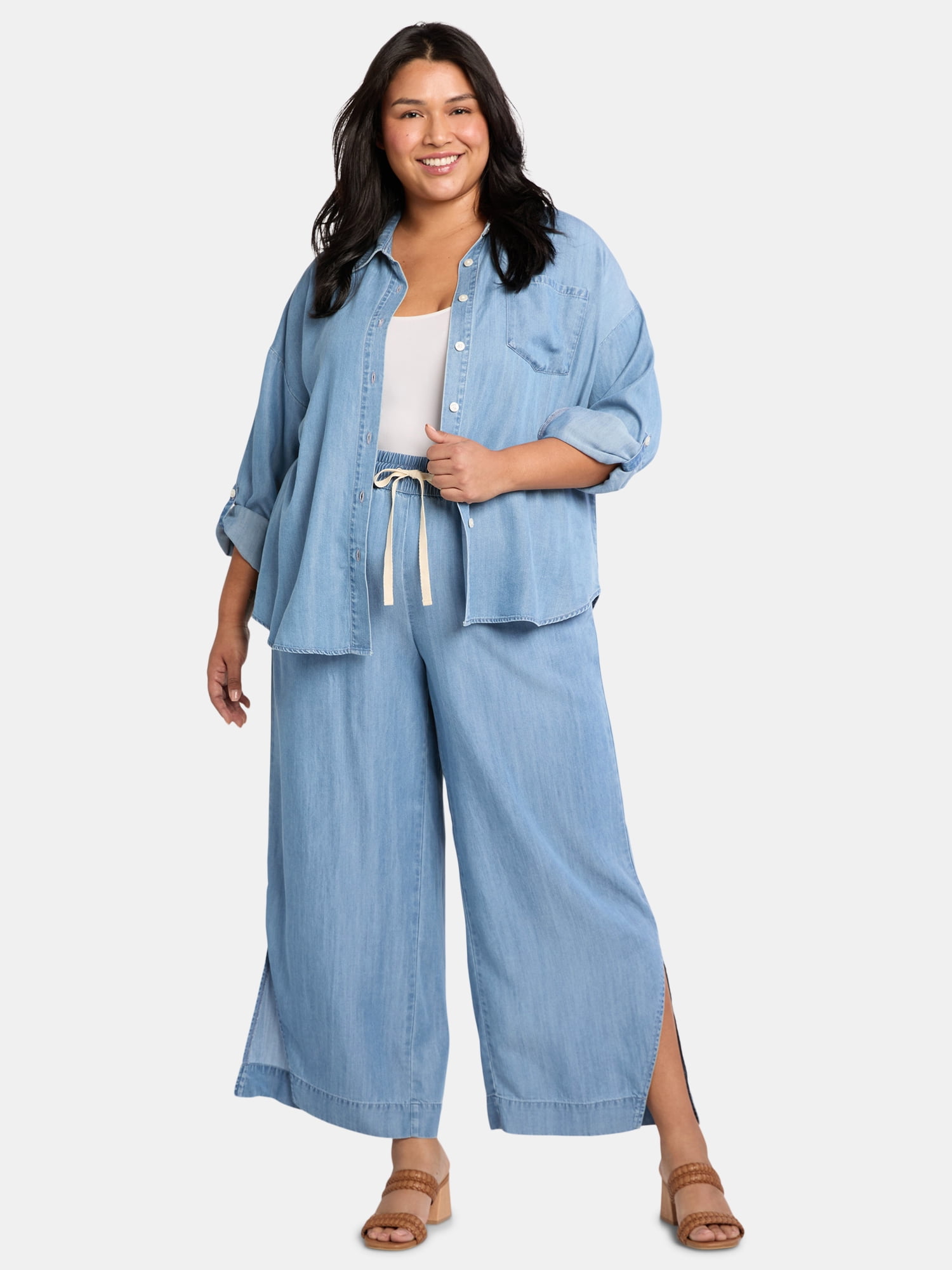 JMS Just My Size by Hanes Women's Plus Chambray Split Hem Pants, 28” Inseam, Sizes 0X-4X
