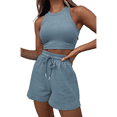 thumbnail image 1 of Conjuntos de Verano para Mujer, Conjunto Informal de 2 Piezas con Top Corto y Pantalones Cortos de Punto Gofre, Ropa de Dormir, Azul , XL, 1 of 9