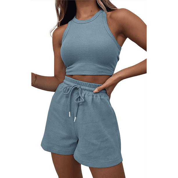 Conjuntos de Verano para Mujer, Conjunto Informal de 2 Piezas con Top Corto y Pantalones Cortos de Punto Gofre, Ropa de Dormir, Azul , XL