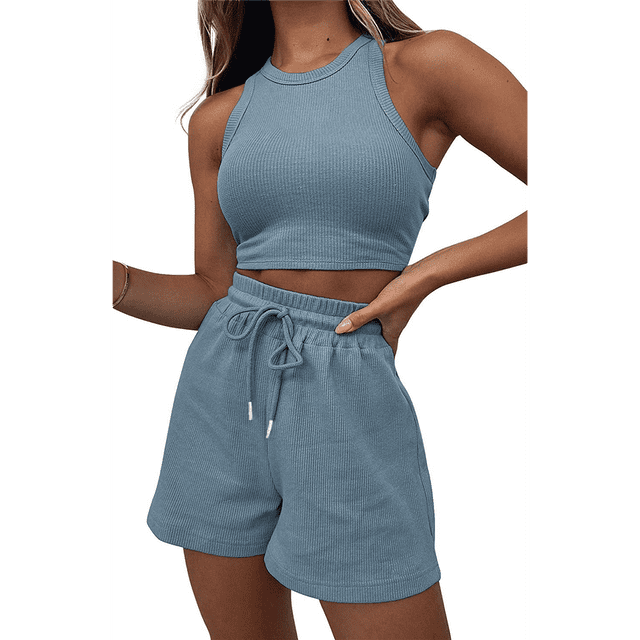 Conjuntos de Verano para Mujer, Conjunto Informal de 2 Piezas con Top Corto y Pantalones Cortos de Punto Gofre, Ropa de Dormir, Azul , XL