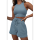 thumbnail image 1 of Conjuntos de Verano para Mujer, Conjunto Informal de 2 Piezas con Top Corto y Pantalones Cortos de Punto Gofre, Ropa de Dormir, Azul , XL, 1 of 9
