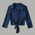 thumbnail image 2 of Women's Tie Front Tops Long Sleeve Button Up Cropped Shirts Lapel Collared Blouses with Pockets Solid Color (M, Navy), 2 of 7