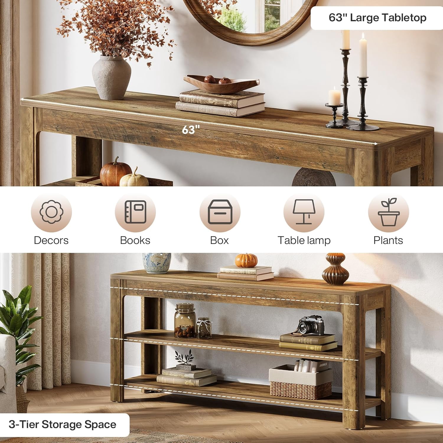 Finmind 63" Sofa Entryway Table, Farmhouse Wooden Console Table with Storage Shelves, Rustic Brown