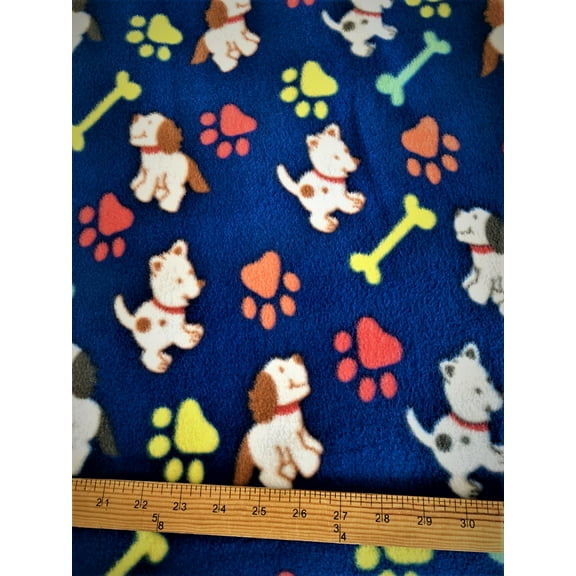 Lilly Craft Puppies and Bones on Blue Print Fleece Anti-Pill FABRIC 58-60" Wide Sold by the Yard