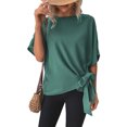 thumbnail image 1 of Camisa de manga corta para mujer, cuello redondo, dobladillo con nudo, Color puro, corte holgado, Top informal para mujer para citas, compras diarias, 1 of 6