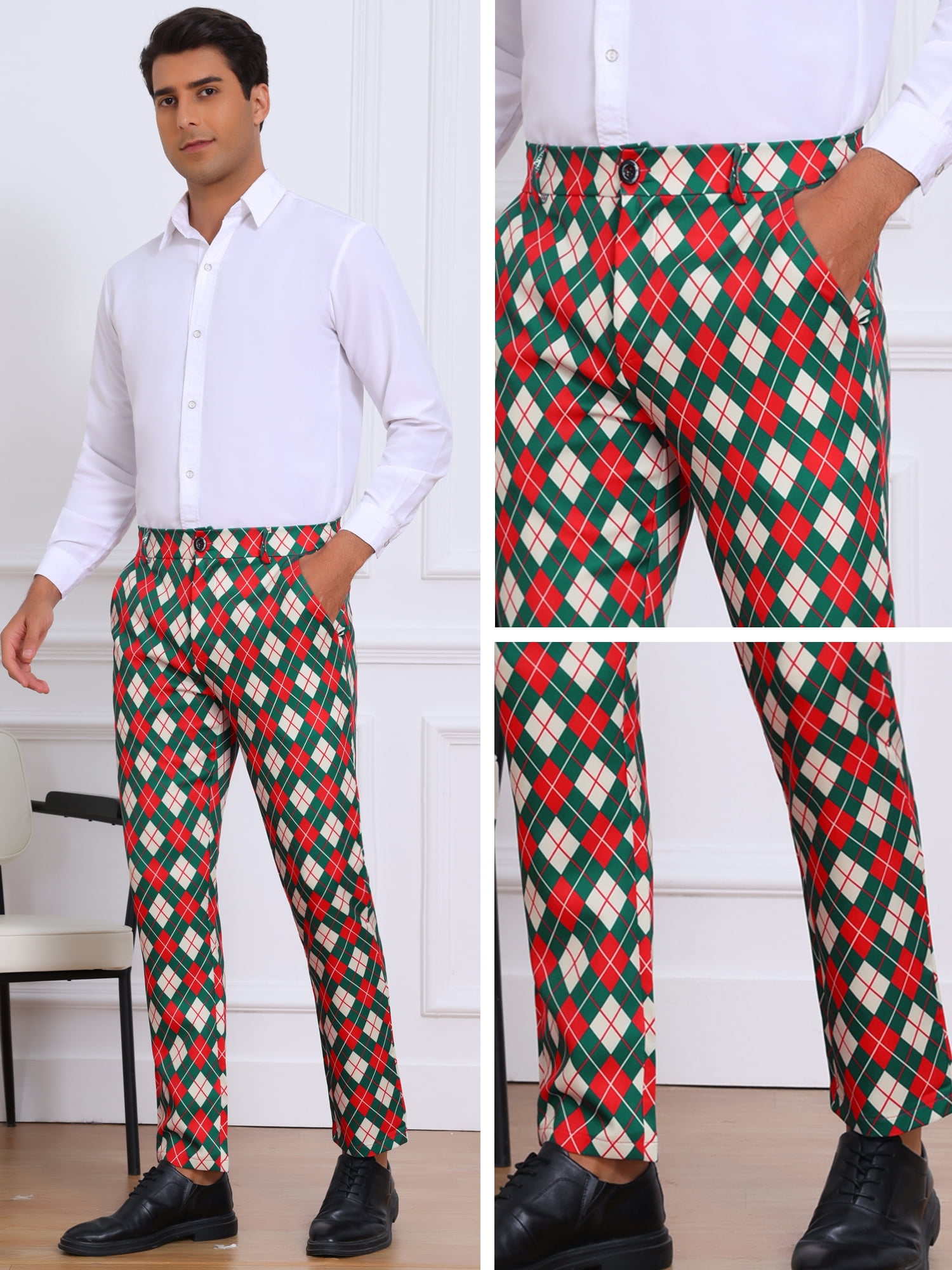 DARING DIVA Men's Argyle Pattern Flat Front Retro Plaid Printed Golf Pants 36 Green Red
