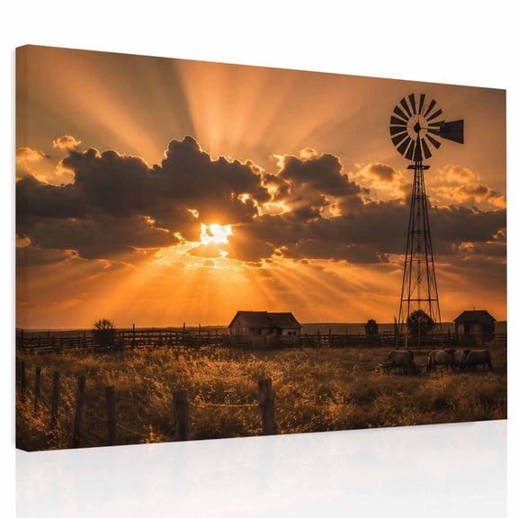 Countryside Sunset Canvas Print Wall Art Rustic Farmhouse Windmill Field Landscape Wall Decor Modern Artwork Paintings Pictures for Living Room Stretched and Framed Ready to Hang - 12" x 16"