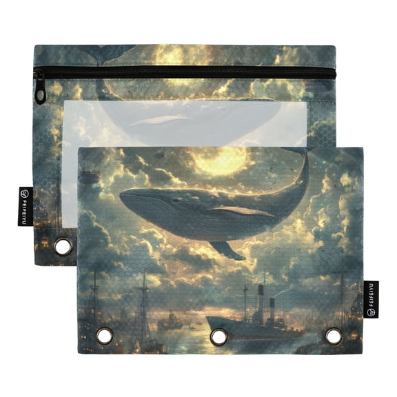 FORMRS 2 Pack Pencil Pouch for 3 Ring Binder with Clear Window Zipper Case, Whale and Moon