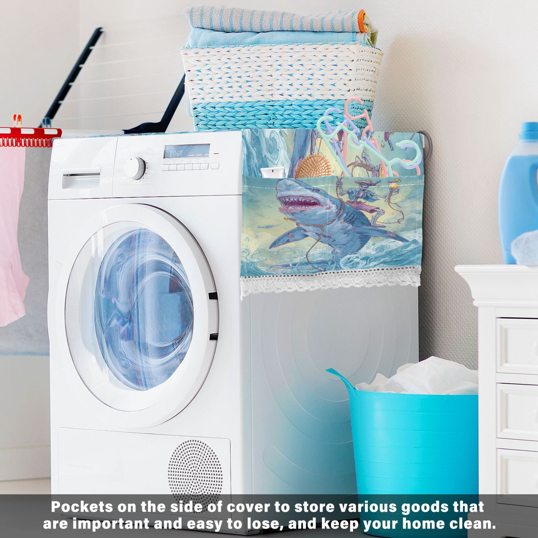 Wobogo Skull Shark Washing Machine Cover Dustproof Washer Dryer Cover Waterproof Laundry Room Decorative Protector