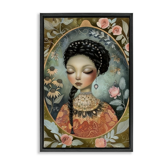 Stupell Industries Floral Edged Portrait of Woman Portrait Painting Black Floater Framed Canvas Art Print Wall Art, 17 x 25