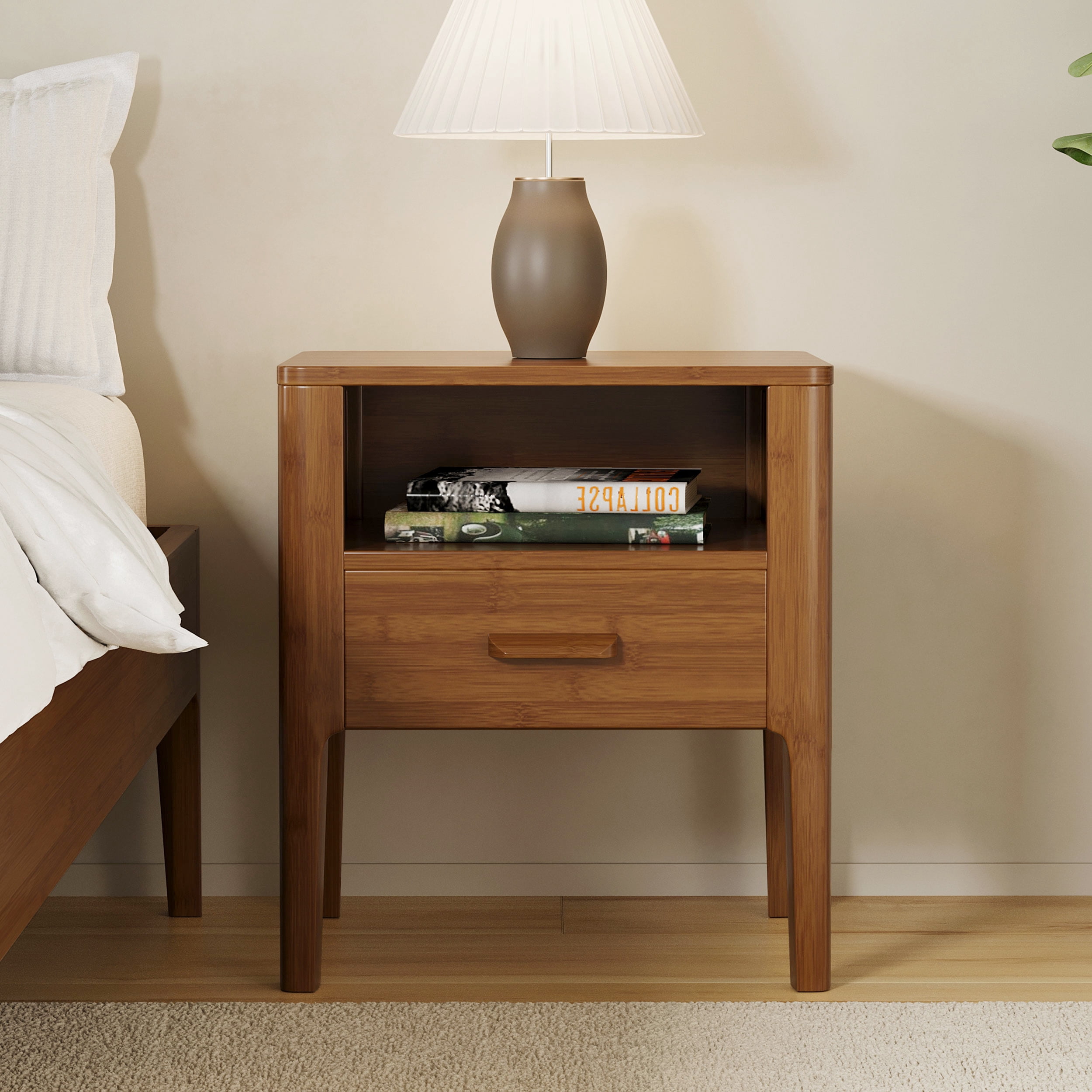Euroco Mid-Century Modern Nightstand with Drawer, 22.5" Tall Bamboo Wood Bedside Table End Table with Open Shelf for Bedroom, Living Room,Brown