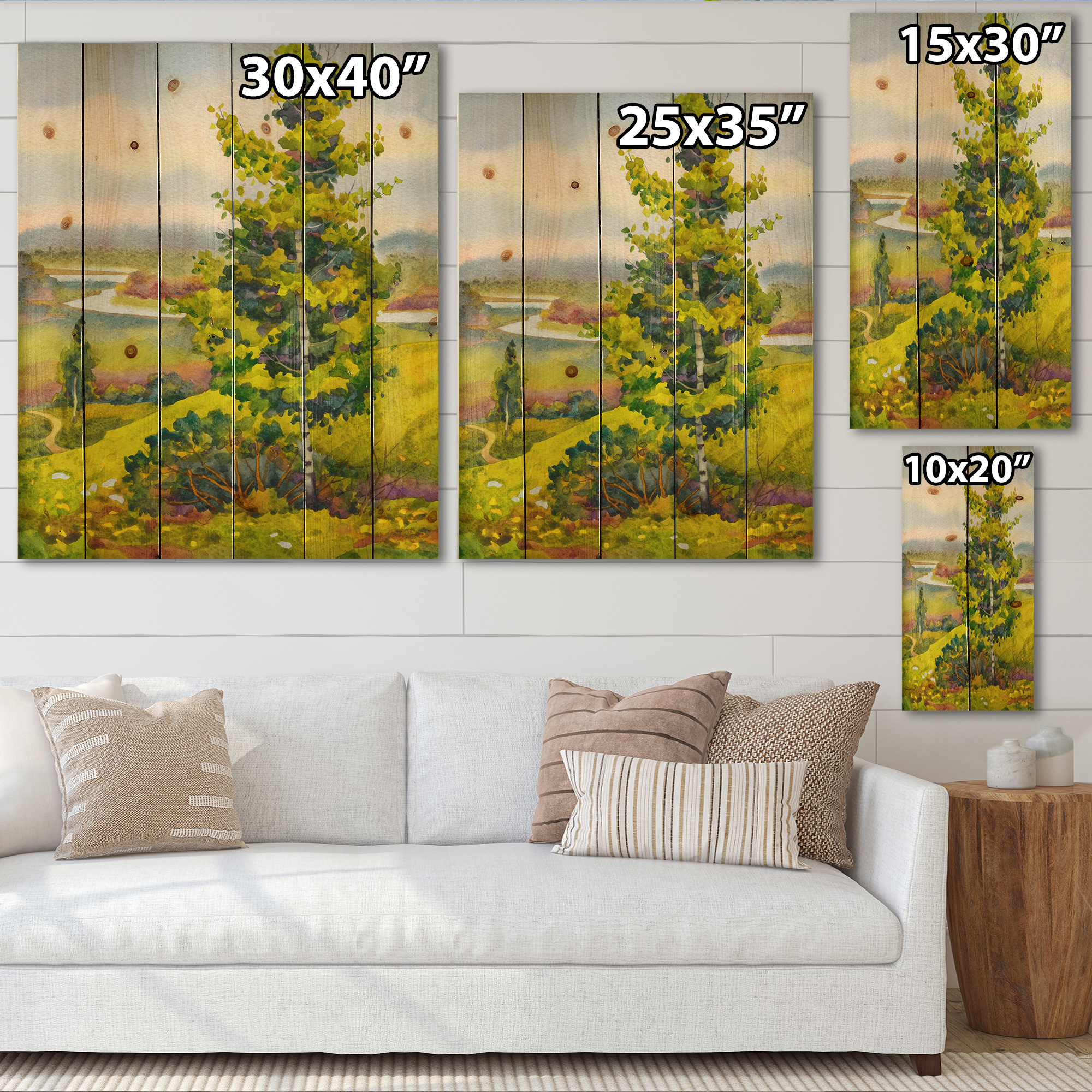 Designart 'Colorful Young Orange Betulas Along Bank Of Calm Bay' Lake House Print on Natural Pine Wood