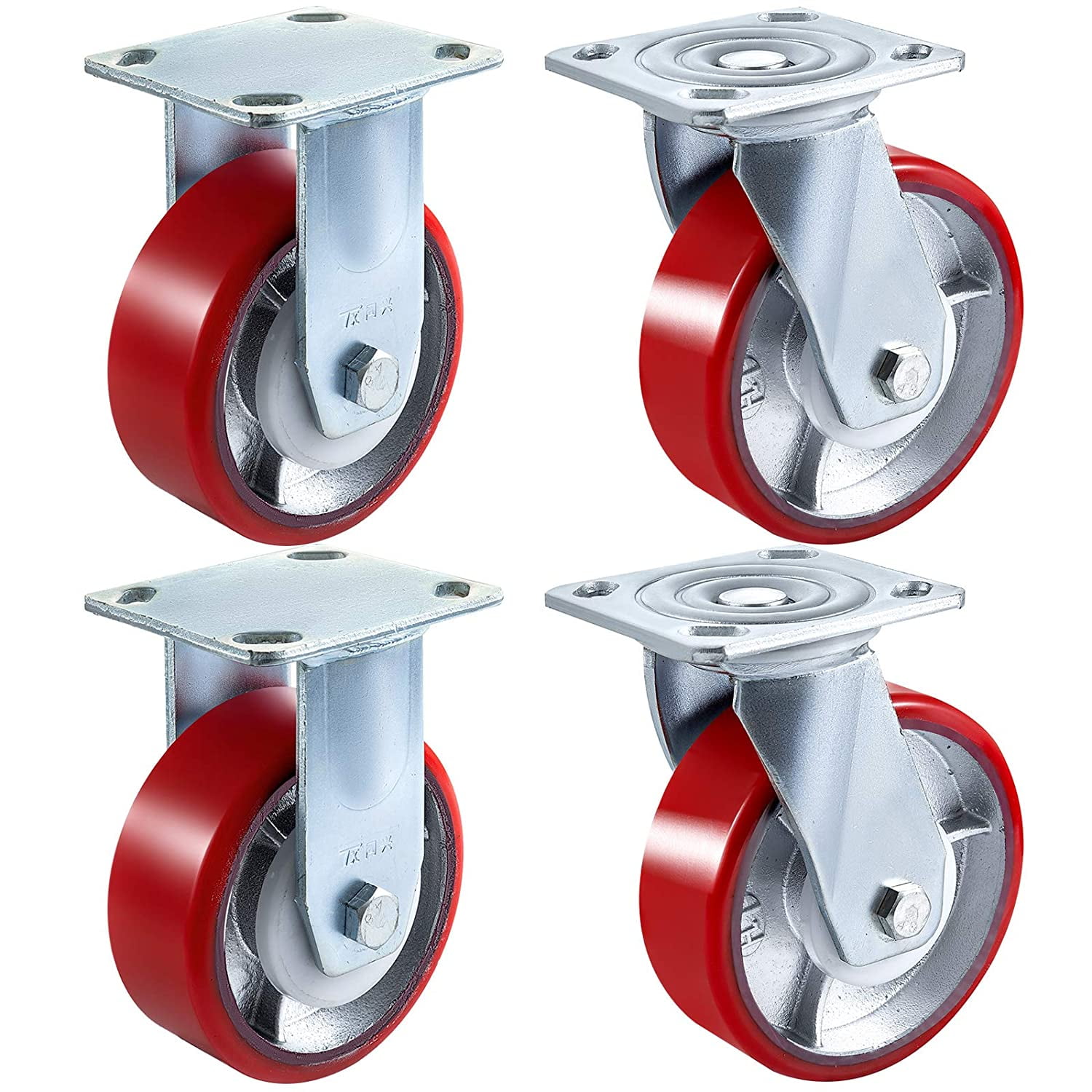 Set of 4 Plate Casters with 5" Polyurethane Wheels 2 Swivel and 2 Rigid 
