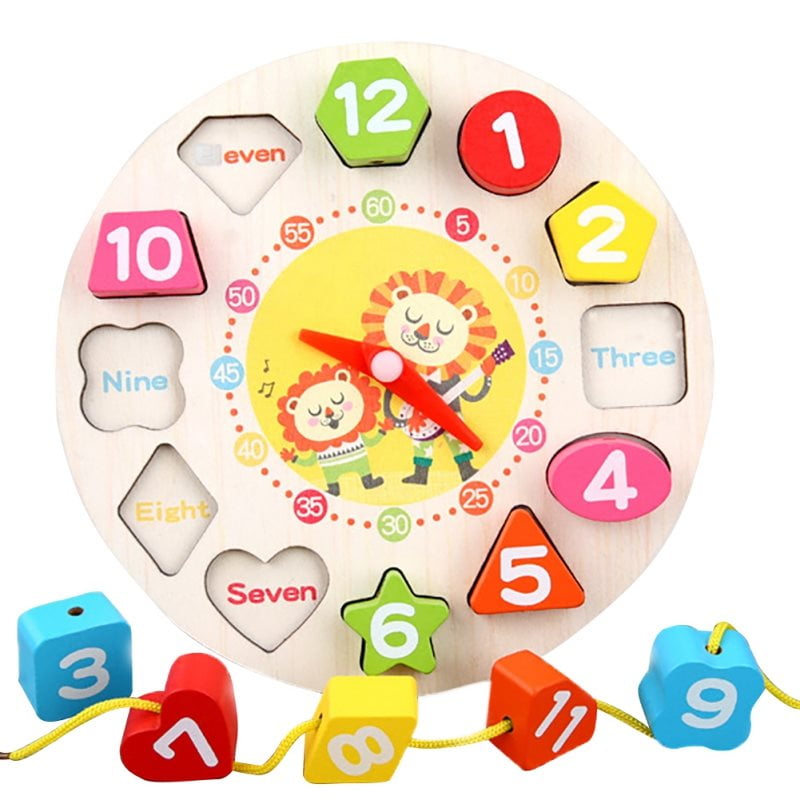 Kids Clock Toy Wooden Timepiece Threading Geometric Blocks Matching