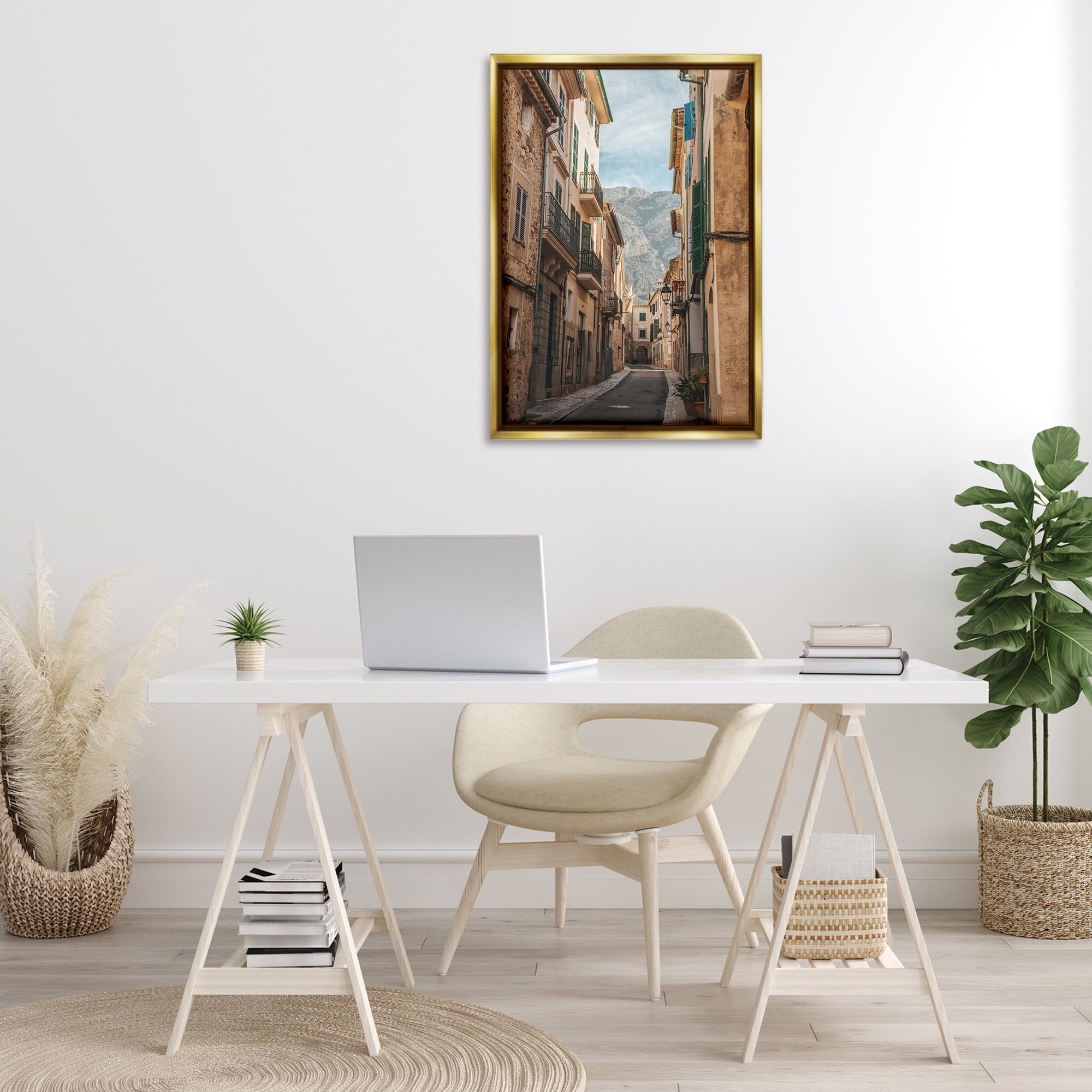 Stupell Industries Spanish Town Street Town & City Photography Gold Floater Framed Art Print Wall Art, 21 x 31