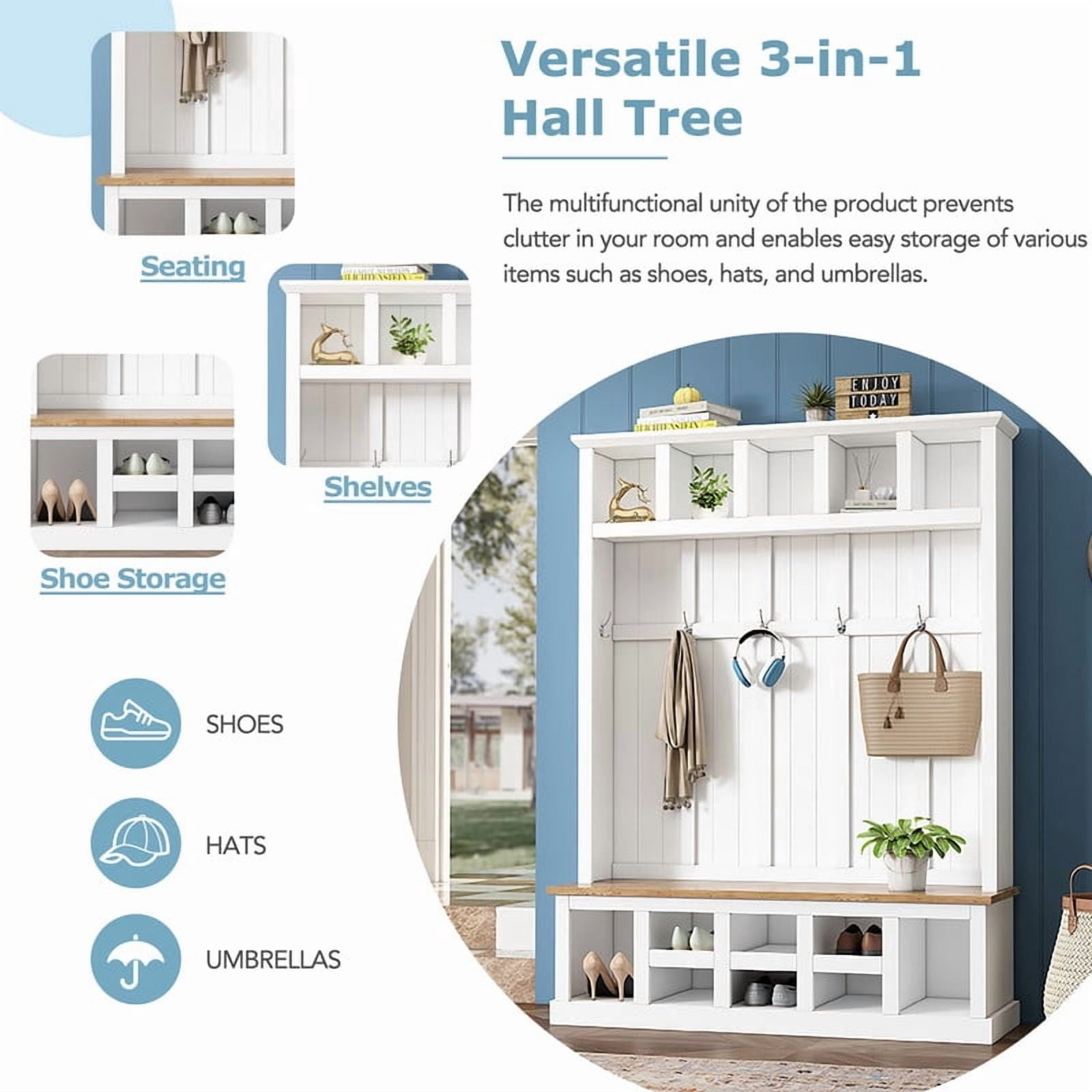 Farmhouse Hall Tree with Shoe Storage Bench and 13 Compartments, Entryway Coat Rack with 6 Hooks, Elegant Shoe Cabinet for Mudroom, Living room