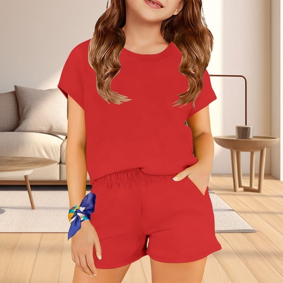 Toddler & Big Girls 2-Piece Short Set Cute Printed Top and Matching Shorts Comfortable Summer Outfit for Daily Play Red Size 13-14 Years