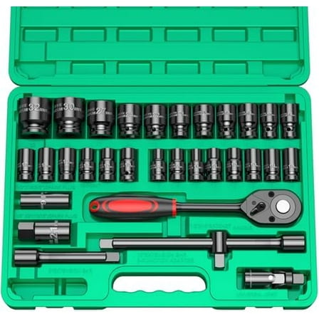 1/2" Drive Impact Socket Set, 32 Pieces CR-V Steel Socket Wrench Set, SAE 1/2" and Metric Size 8-32mm Sockets with 24 Tooth Ratchet Wrench, Socket Kit for Car Truck Home Mower Lug Nut