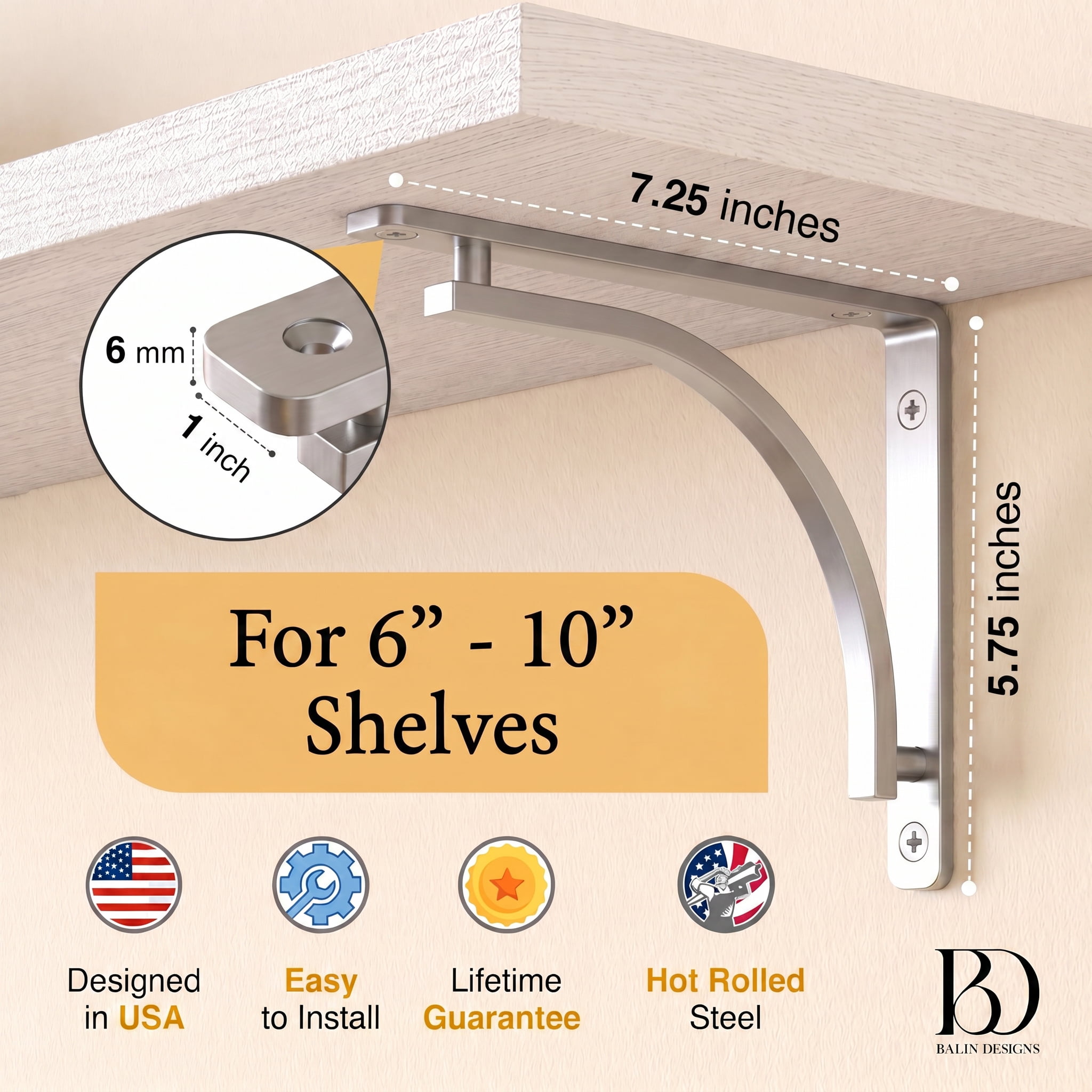 Classic Shelf Bracket Set by Balin Designs (Chrome) for 6 inch, 8, 10 inch Mantel Shelves L Brackets – Heavy Duty Decorative Metal Supports – Easy Installation with Hardware Included - Set of 4