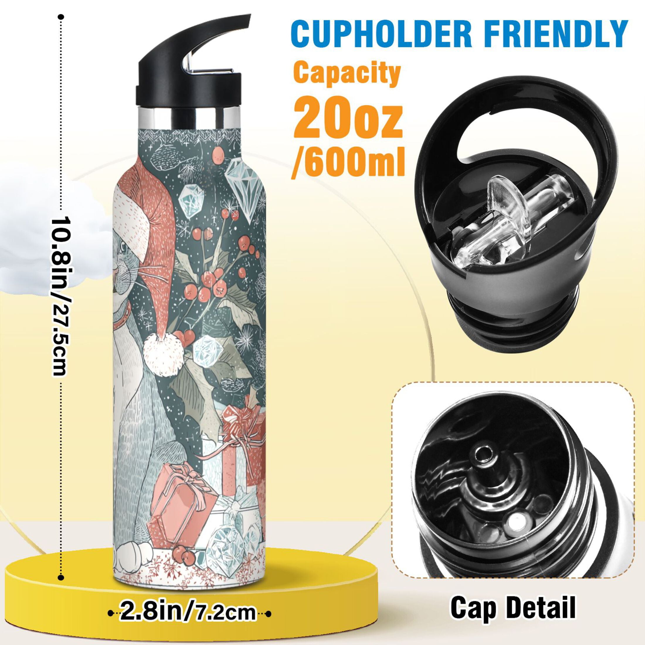 600ML Stainless Steel Insulated Cup Sports Water Bottle Portable Thermos Cup Water Glasses Insulated Tumblers Convenient and Durable Magical Christmas Blue Cat
