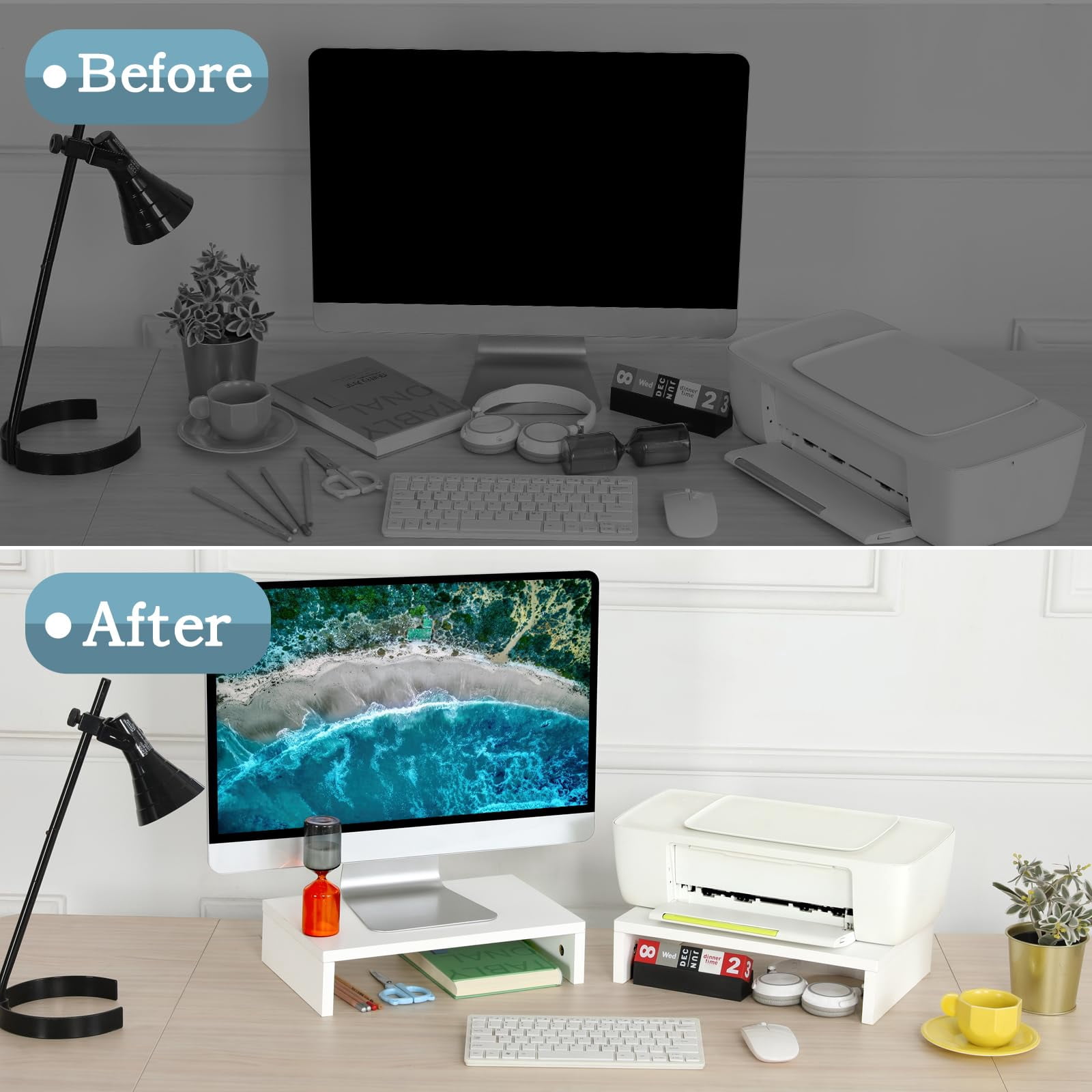 White Monitor Stand Riser - 2 Pack  Wood 2 Tier Adjustable Dual For Laptop/pc Computer Desk
