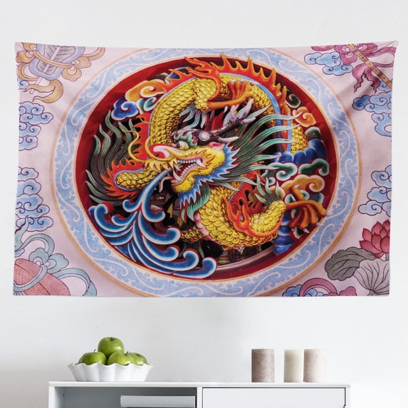 Dragon Tapestry, Reptile Dragon Grunge Floral Ornate Retro Image, Fabric Wall Hanging Decor for Bedroom Living Room Dorm, 2 Sizes, Pale Caramel Sand Brown, by Ambesonne