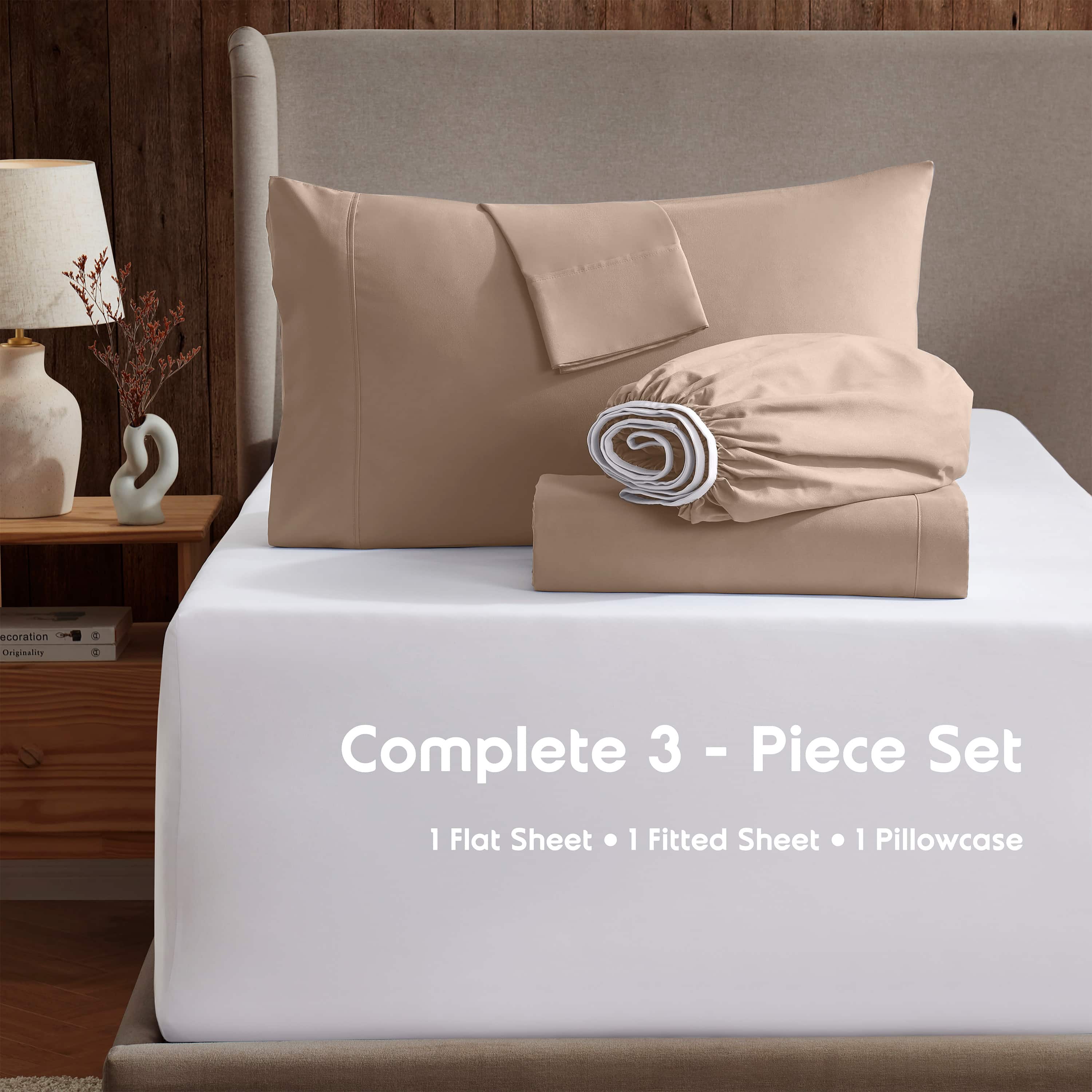 LammaLoe Extra Deep Pocket Sheets Twin Set, 3 Piece, Fits 18"-24" Mattress, Breathable & Extra Soft Bed Sheets, Taupe Sand