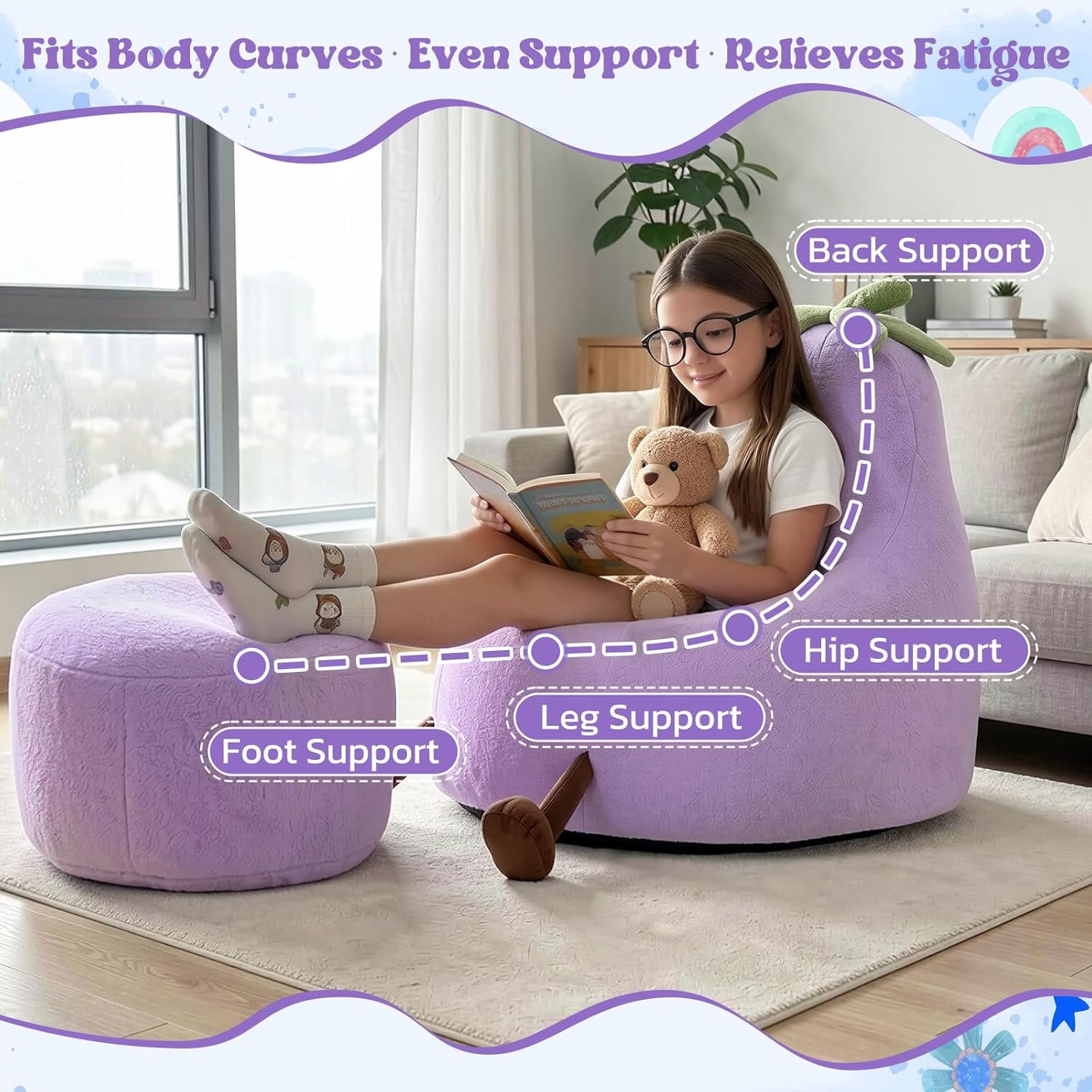 Simple Deluxe 2 ft Kids Bean Bag Chair, Faux Rabbit Fur Round Sofa with Handle and Washable Cover, Purple