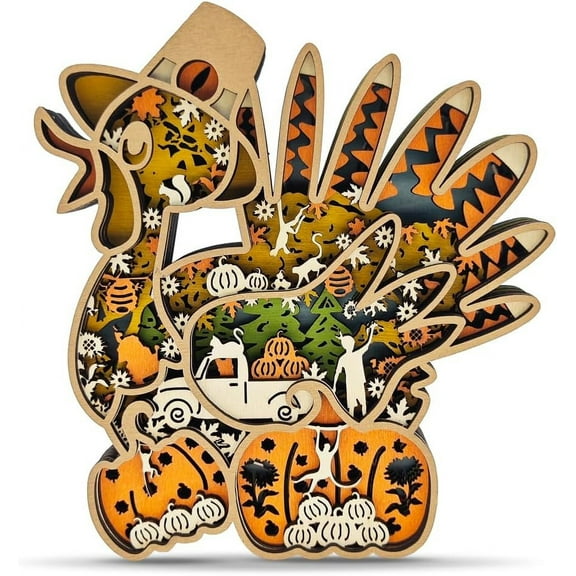 3D Wooden Animal Carving LED Night Light, Thanksgiving Turkey Decor, Wood Carved Lamp Cabin, Statues Figurines Wall, Sculpture Silhouette Ornament for Living Room Bedroom Home Room for Birthday Gifts