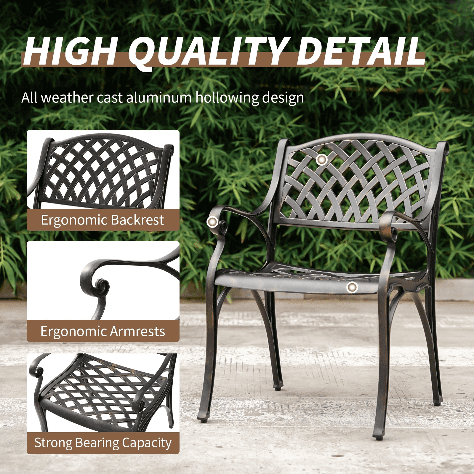 PATIO-IN Cast Aluminum Outdoor Dining Patio Chairs Set of 2, Antique Bronze, Weatherproof Patio Furniture with Adjustable Feet for Garden, Porch, Poolside