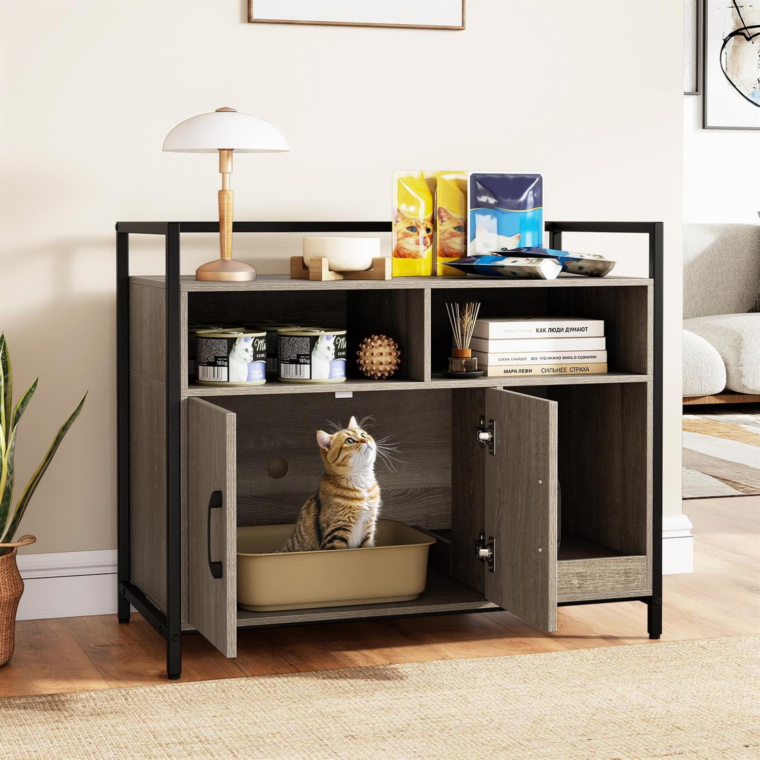 Pefilos Hidden Cat Washroom, Double Doors & Scratch Cardboard, Vent Holes & Anti-Toppling, Oak (Brown)