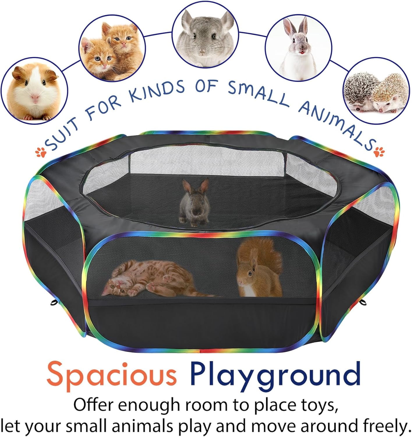 Pawaboo Small Animals Playpen, Waterproof Small Pet Cage Tent with Zippered Cover, Portable Outdoor Yard Fence with 3 Metal Rod for Chick/Kitten/Puppy/Guinea Pig/Rabbits/Hamster, Black + Rainbow