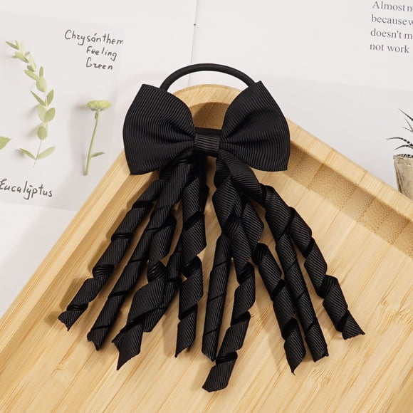 XmhyTop 2Pcs Baby Girls Curly Ribbons Hair Ties Bow Elastic Rubber Bands Grosgrain for Hair Elastic Colored Hair Bands Ponytail Holders for Toddlers Kids (Black)