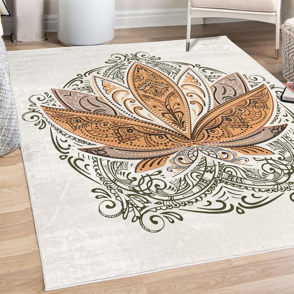 Lotus Decorative Rug, Flower Bloom Ornaments Exotic Petals Oriental Traditional Boho Design, Quality Carpet for Bedroom Dorm and Living Room, 6 Sizes, Pale Eggshell, by Ambesonne