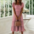 thumbnail image 4 of Ovbmpzd Womens Summer Dresses Boho Puff Sleeve Red Flowy Sundresses Square Neckline A-Line Smocked Long Summer&nbsp;Dresses&nbsp;for Women,M, 4 of 6
