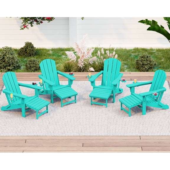 KINGYES Folding Adjustable Adirondack Chairs with Retractable Ottoman Set of 4 for Patio Garden, HDPE Outdoor Patio Chair with Footrest Aruba