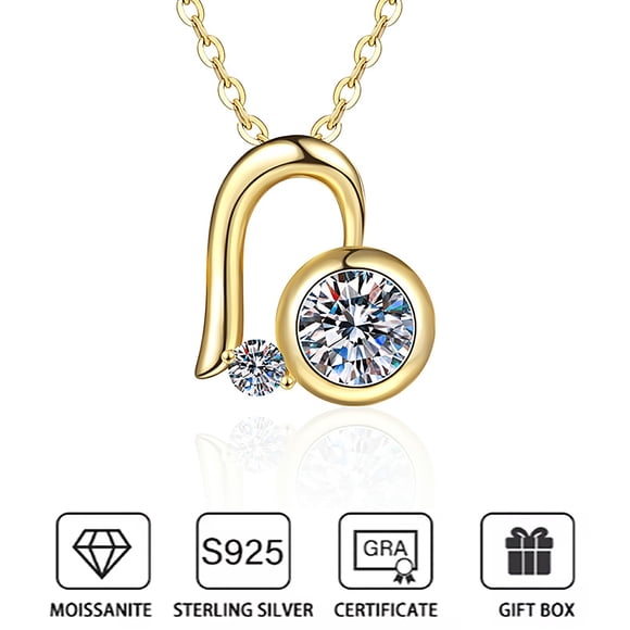 GRA Certified Moissanite 1.2ct Necklaces, 18K Yellow Gold Plated 925 Sterling Silver Bezel Set Round Cut D Color VVS1 Lab Created Diamond Pendant Necklace for Women Men, 16" with 2" Extender