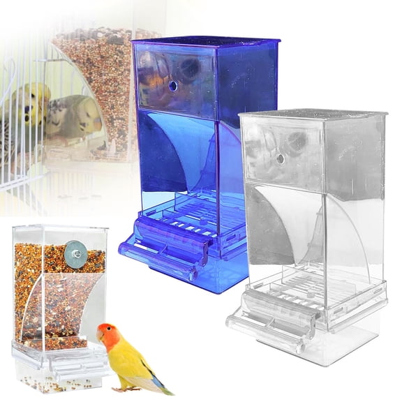 HomelyJoy Blue Automatic No Mess Bird Feeder for Cage, Transparent Acrylic Parrot Seed Container, Anti Spill Food Dispenser for Parakeets, 7.3x3.34x2.95 in