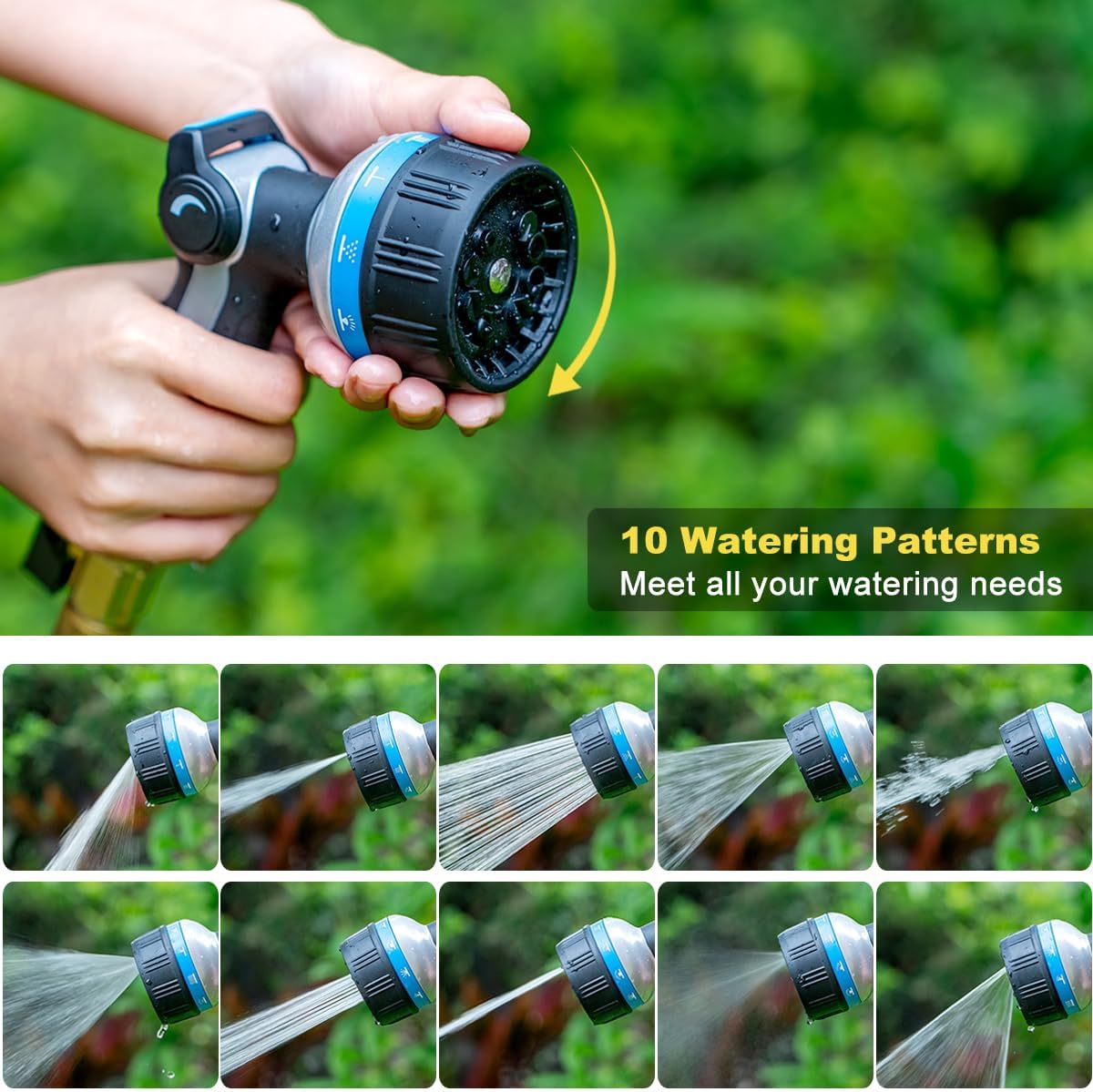 FANHAO Heavy Duty Metal Hose Nozzle with 10 Spray Patterns, Thumb Control On/Off Valve, High Pressure Water Nozzle for Plants
