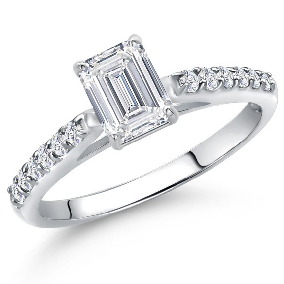 Gem Stone King 0.88 Cttw IGI Certified Lab Grown Diamond in 10K White Gold Engagement Ring for Women | Emerald Cut Center Diamond 0.70 Ct | D-E Color | VS1-VS2 Clarity | Size 6