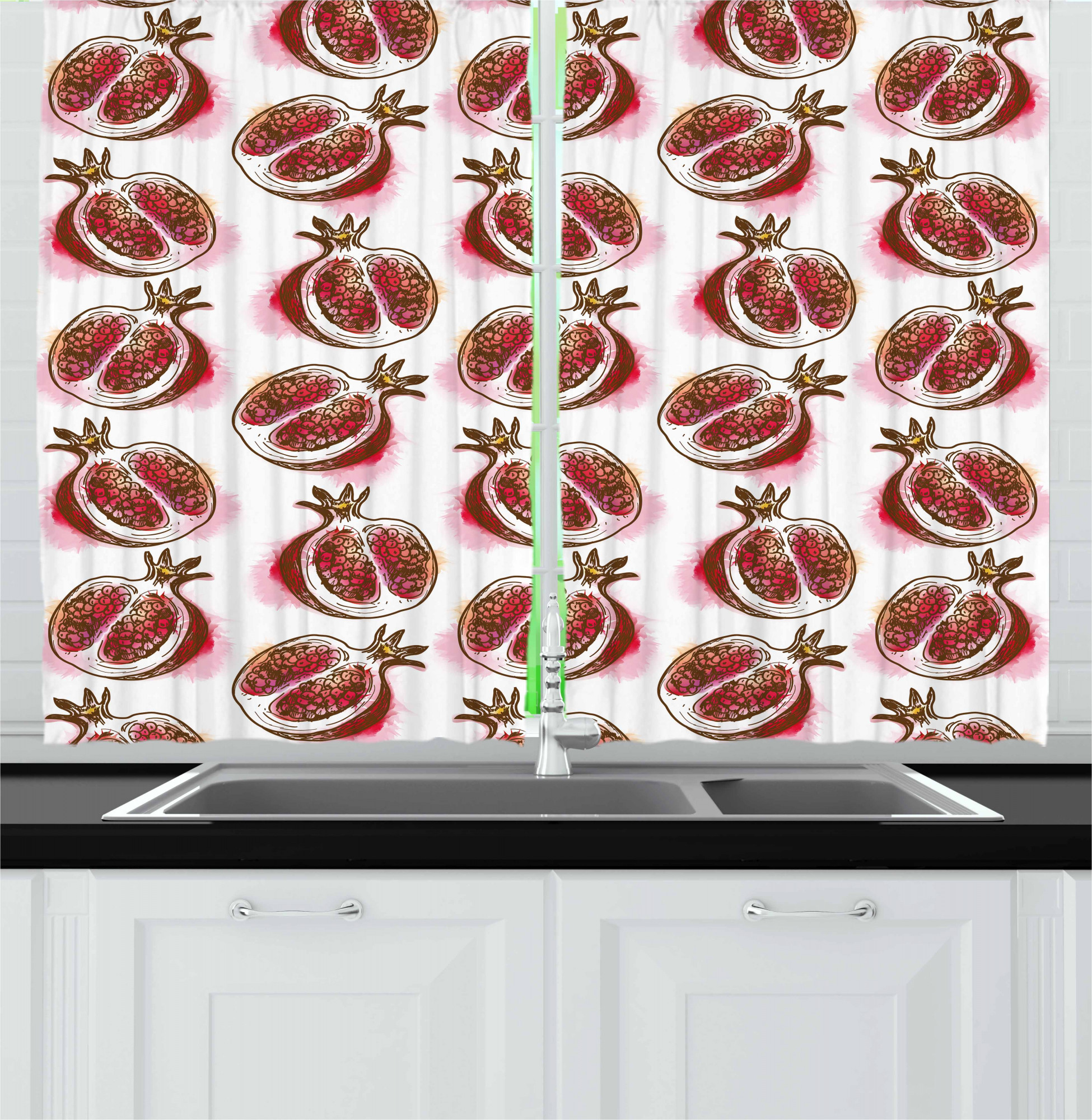 Fruits Kitchen Curtains, Pomegranate Flowering Blurry Watercolor