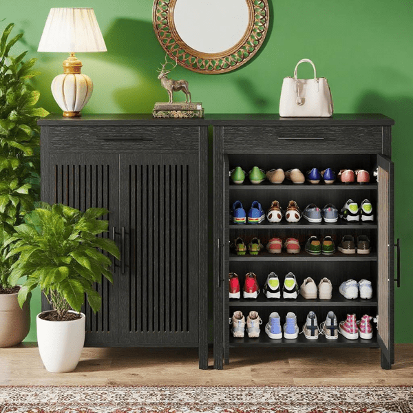 Entryway Shoe Cabinet with 5 Storage Tiers & Large Drawer, 2 Louvered Door Organizer Holds 20 Pairs, Farmhouse Style MDF Construction w/ Anti-Tip