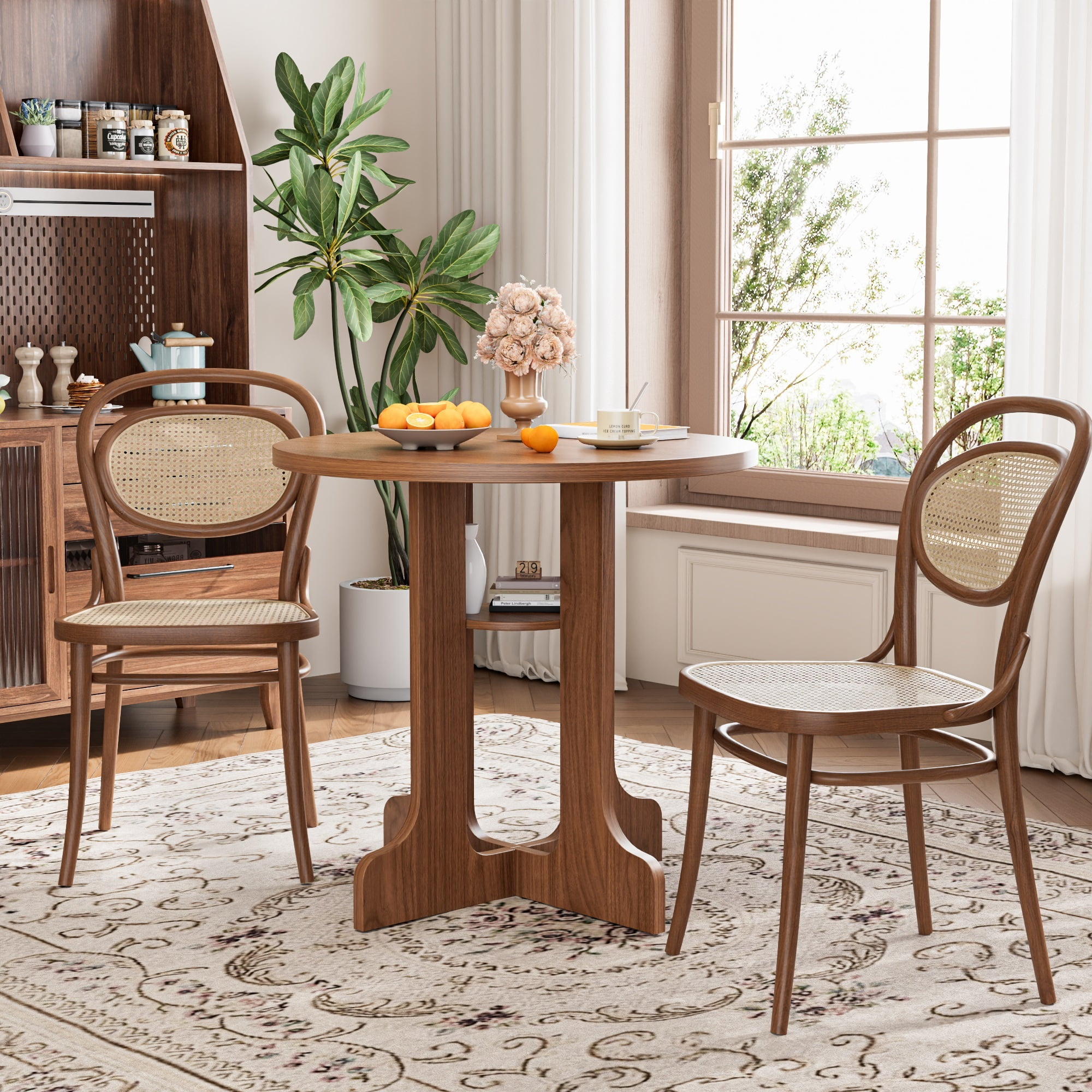 31.5 Inch Round Dining Table for 2-4, Modern Kitchen Table with Storage Shelf, Small Dining Room Table for Living Room, Walnut