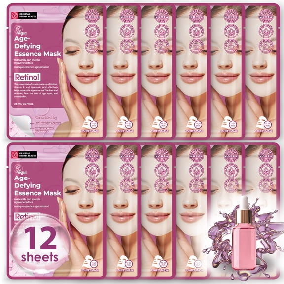 Original Derma Beauty 12 Pack Age-Defying Retinol Essecne Mask Sheet - Face Mask Skin Care Face Masks Skincare, Facial Masks for Women Skin Care