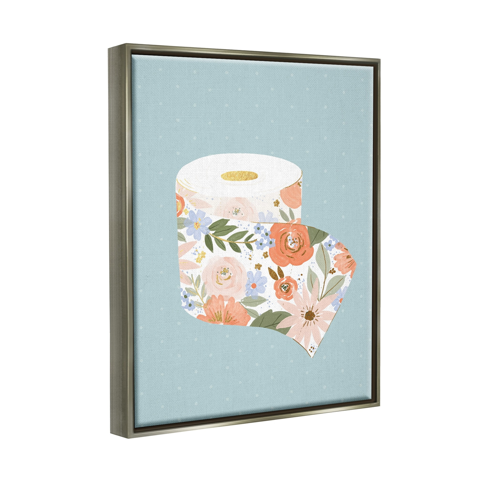 Stupell Industries Spring Floral Print Toilet Paper over Blue Jet Black Framed Floating Canvas Wall Art, 16x20, by Loni Harris