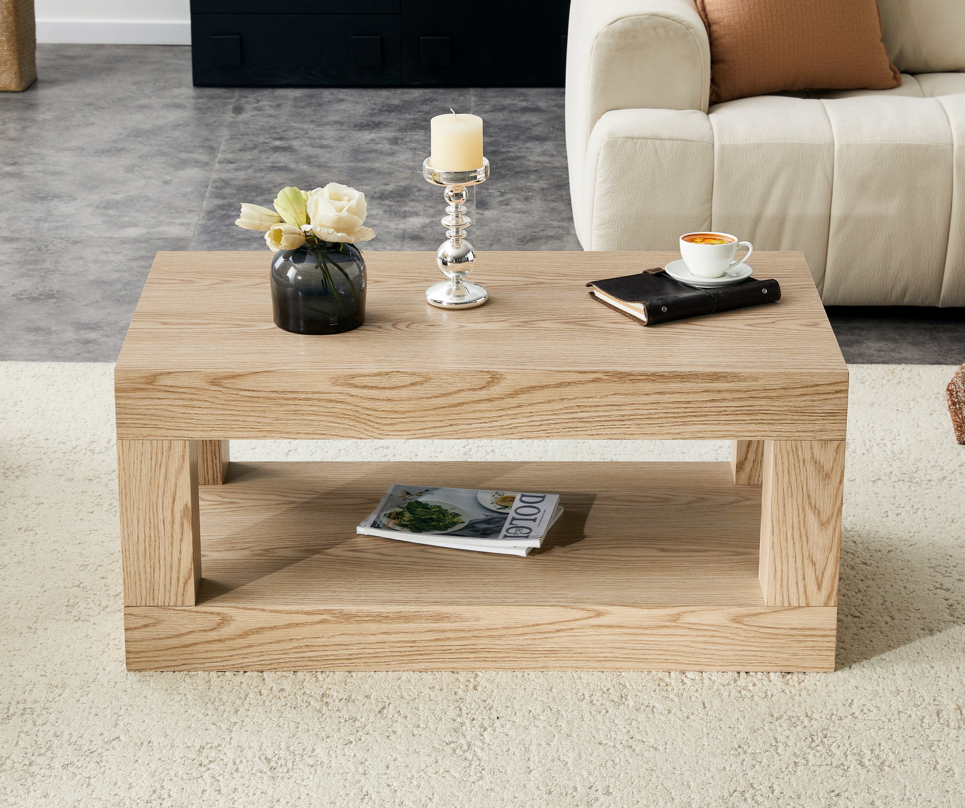 FFZ Modern 2-Tier Coffee Table with Open Storage Shelf, MDF, Wood