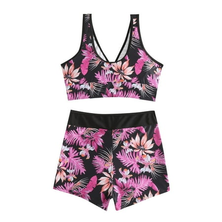 Swimsuits for Women Fashionable Color Printed Conservative V Neck Bikinis Set Hot Pink Bathing Suit for Women XL
