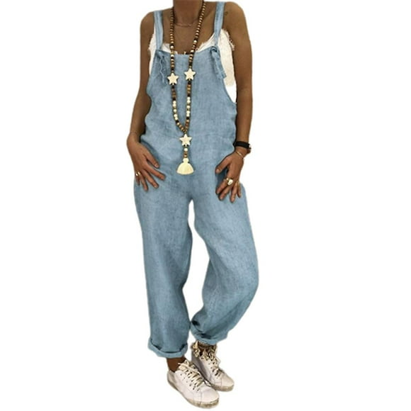 Women's Solid Casual Loose Long Overalls Bib Pants Jumpsuit Cotton Linen Look Romper Trousers
