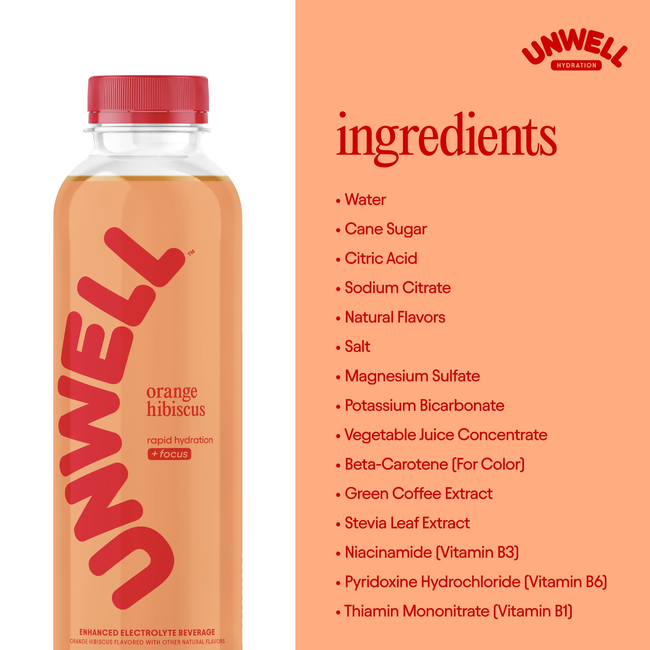 Unwell Hydration Electrolyte Drink for Rapid Hydration + Focus – Orange Hibiscus, 12 pack